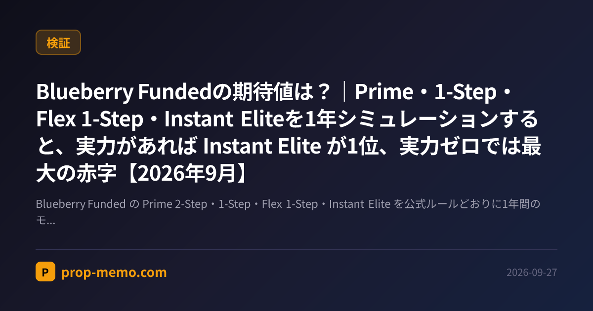 Blueberry Fundedの期待値は？｜Prime・1-Step・Flex 1-Step・Instant Eliteを1年シミュレーションすると、実力があれば Instant Elite が1位、実力ゼロでは最大の赤字【2026年9月】
