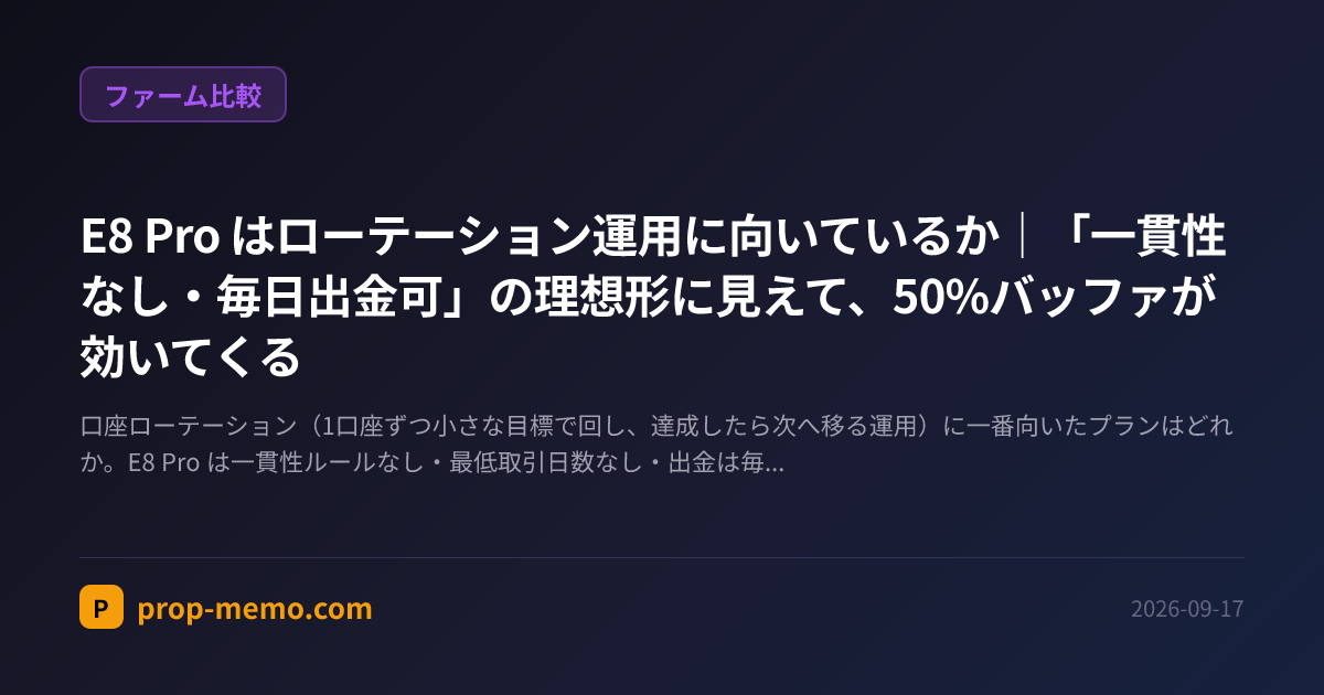 E8 Pro はローテーション運用に向いているか|「一貫性なし・毎日出金可」の理想形に見えて、50%バッファが効いてくる