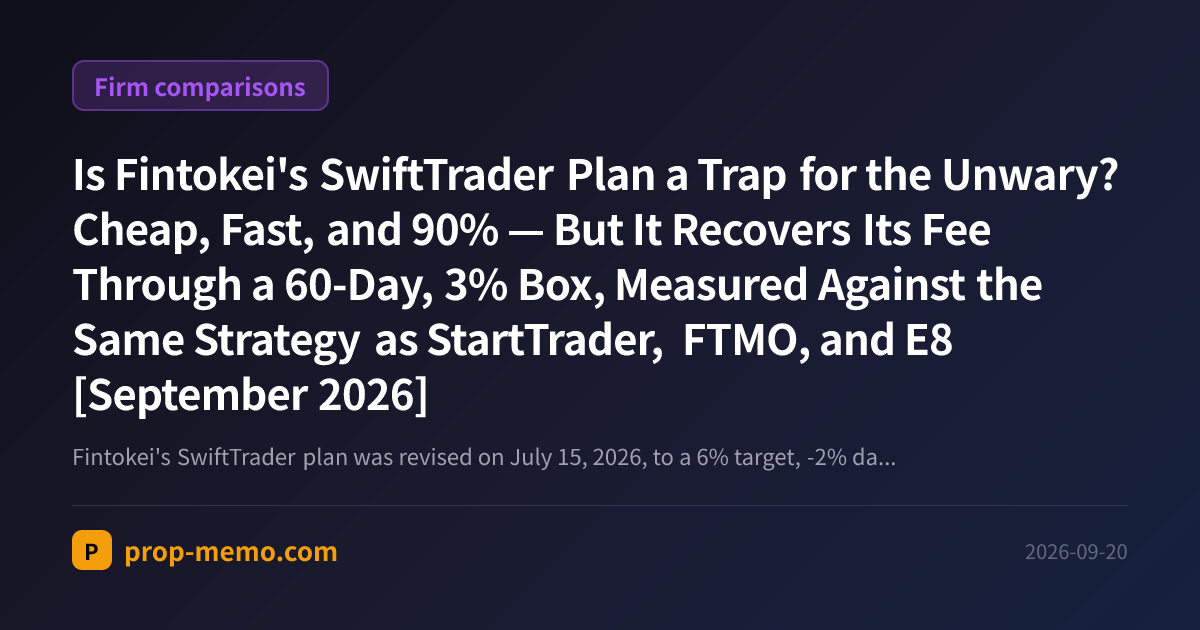 Is Fintokei's SwiftTrader Plan a Trap for the Unwary? Cheap, Fast, and 90% — But It Recovers Its Fee Through a 60-Day, 3% Box, Measured Against the Same Strategy as StartTrader, FTMO, and E8 [September 2026]