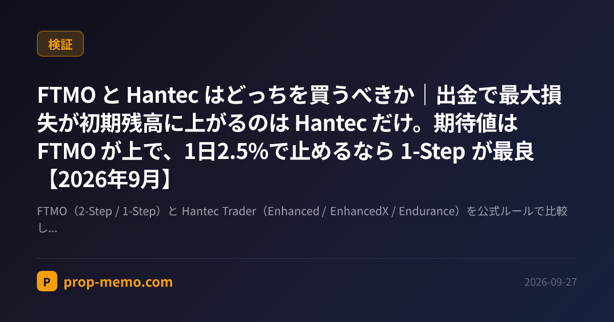 FTMO と Hantec はどっちを買うべきか｜出金で最大損失が初期残高に上がるのは Hantec だけ。期待値は FTMO が上で、1日2.5%で止めるなら 1-Step が最良【2026年9月】