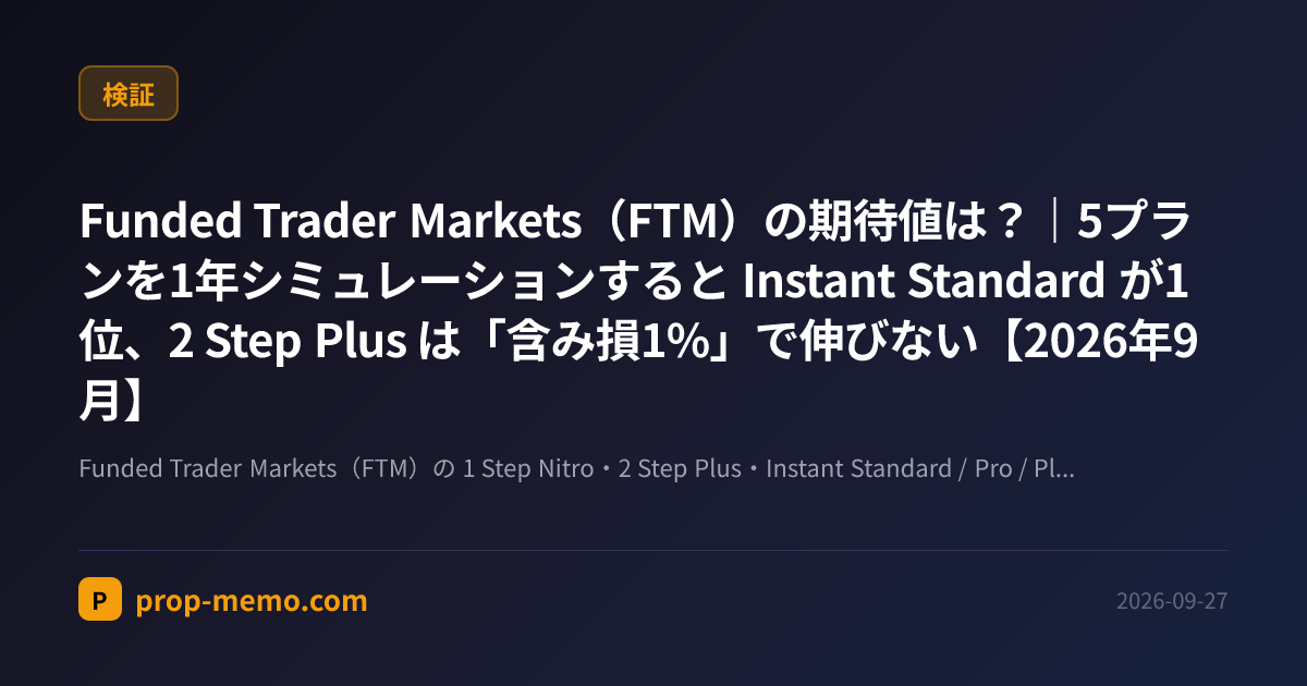 Funded Trader Markets（FTM）の期待値は？｜5プランを1年シミュレーションすると Instant Standard が1位、2 Step Plus は「含み損1%」で伸びない【2026年9月】