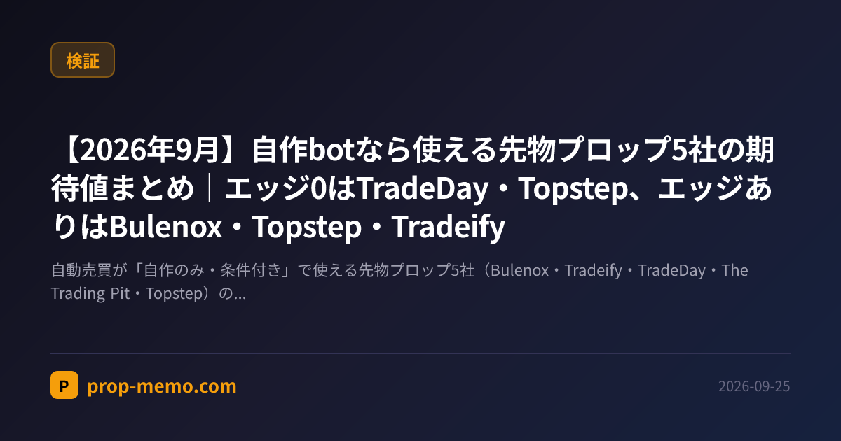 【2026年9月】自作botなら使える先物プロップ5社の期待値まとめ｜エッジ0はTradeDay・Topstep、エッジありはBulenox・Topstep・Tradeify