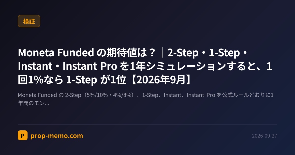 Moneta Funded の期待値は？｜2-Step・1-Step・Instant・Instant Pro を1年シミュレーションすると、1回1%なら 1-Step が1位【2026年9月】