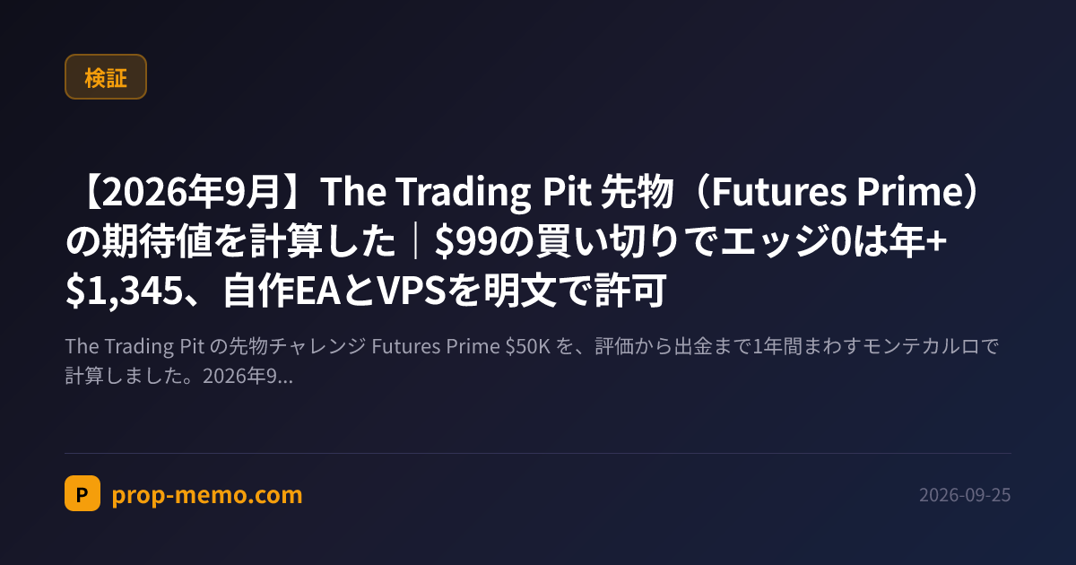 【2026年9月】The Trading Pit 先物（Futures Prime）の期待値を計算した｜$99の買い切りでエッジ0は年+$1,345、自作EAとVPSを明文で許可